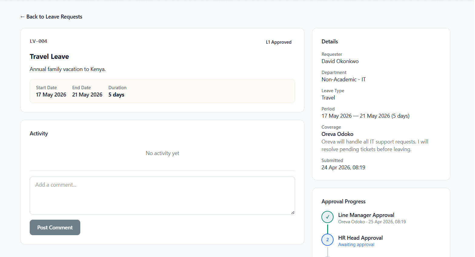 FixDesk Leave Management — staff leave applications and approval workflow