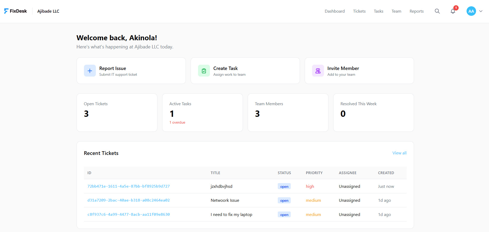 FixDesk Dashboard — Track issues, manage tasks, and collaborate with your team